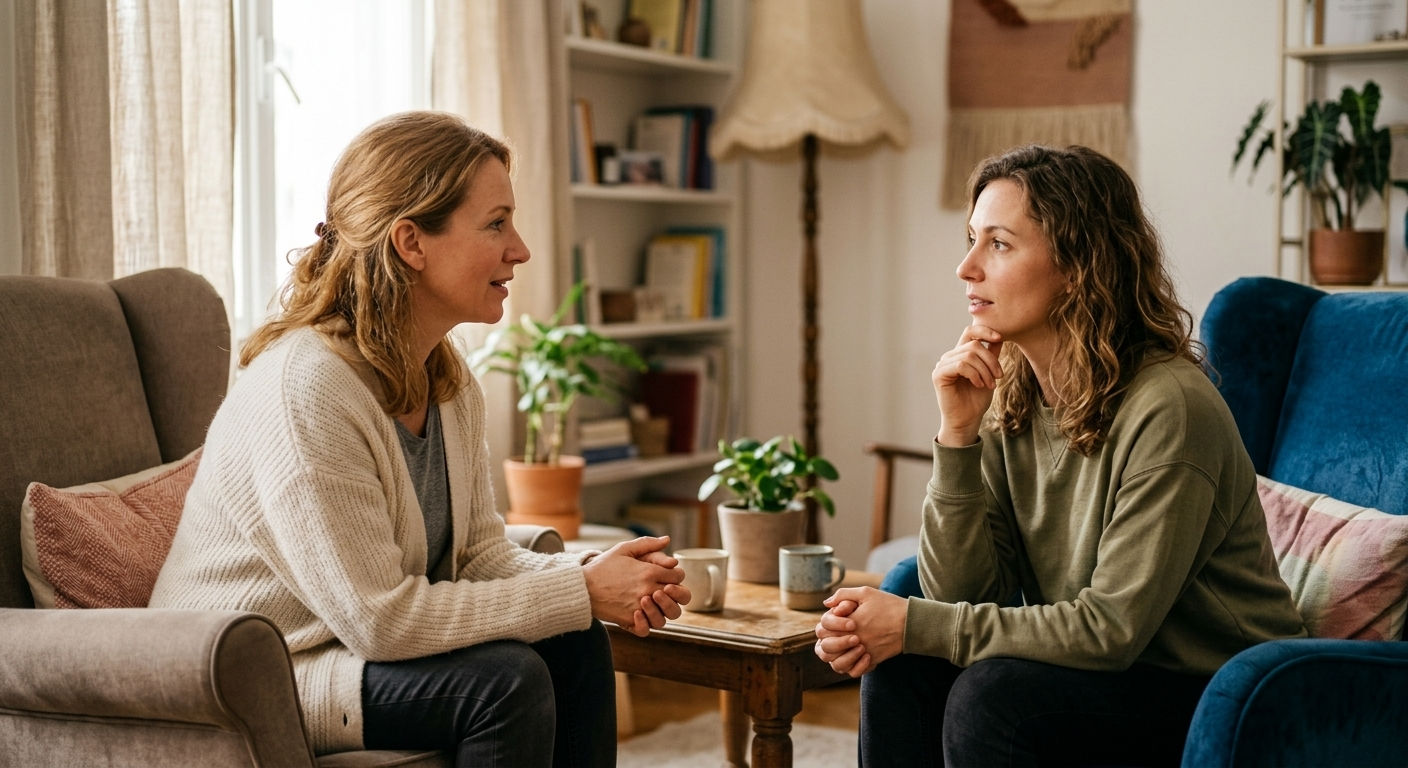 Психолог  консультирует девушку при лечении женского алкоголизма